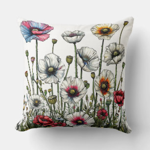 Farbiges Poppid-Array in einem botanischen Illustr Kissen