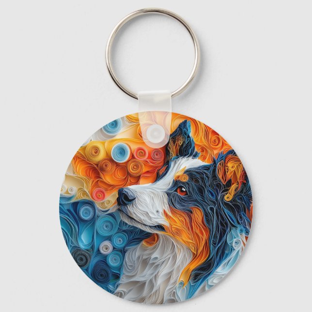 Farbiges Portrait australischer Schäferhund Schlüsselanhänger (Vorderseite)