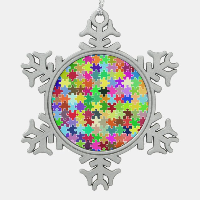 Farbiges Puzzle-Muster Schneeflocken Zinn-Ornament (Vorderseite)