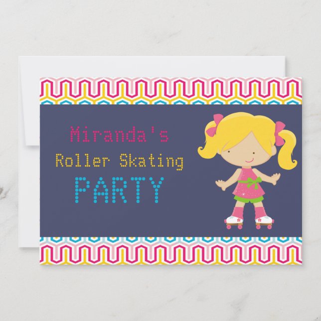 Farbiges Retro Blonde Roller Skaten Party Einladung (Vorderseite)