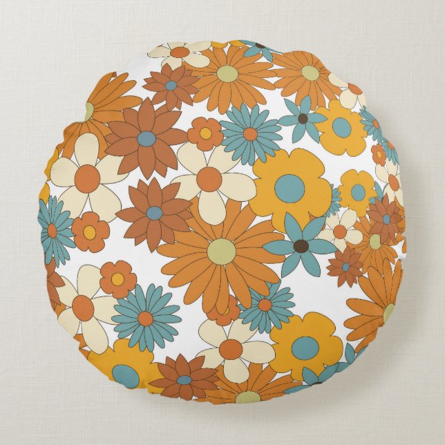 Farbiges Retro-Blume-Muster Rundes Kissen (Vorderseite)