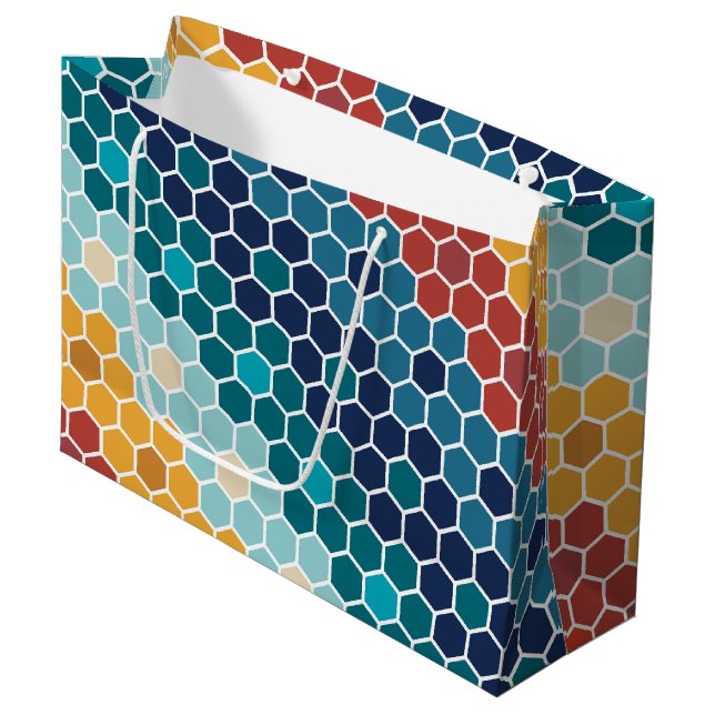 Farbiges Retro-Blumenmosaik Hexagon-Muster Große Geschenktüte (Vorderseite Schrägansicht)