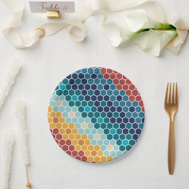 Farbiges Retro-Blumenmosaik Hexagon-Muster Pappteller (Hochzeit)