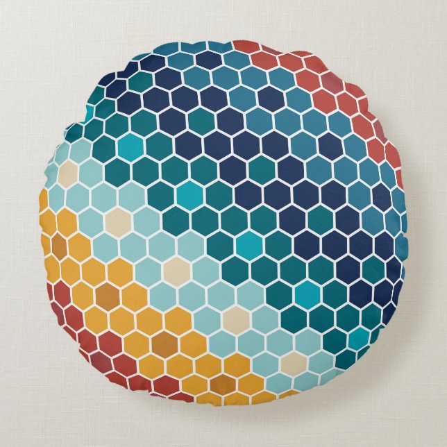 Farbiges Retro-Blumenmosaik Hexagon-Muster Rundes Kissen (Vorderseite)