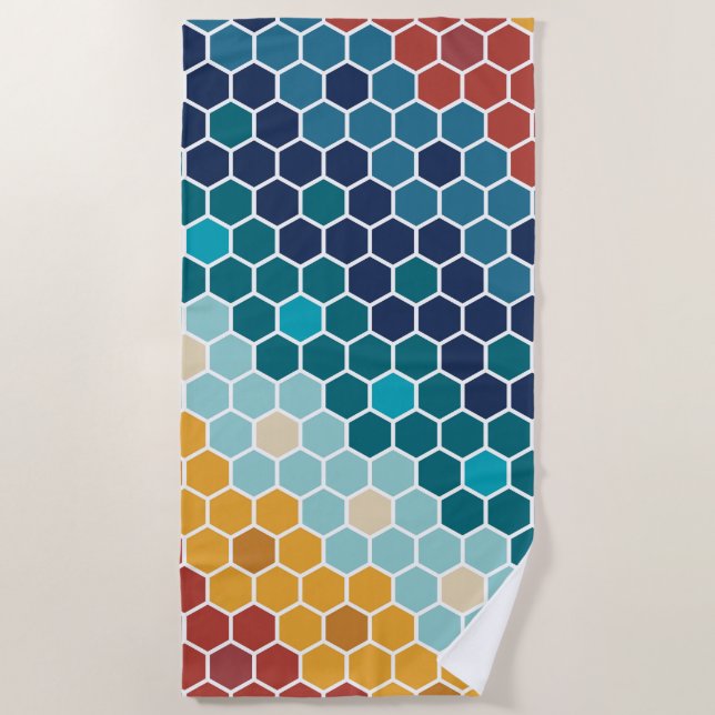 Farbiges Retro-Blumenmosaik Hexagon-Muster Strandtuch (Vorderseite)