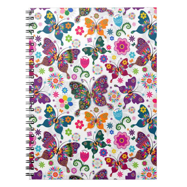 Farbiges Retro-Schmetterling-Muster und Blume Notizblock (Vorderseite)