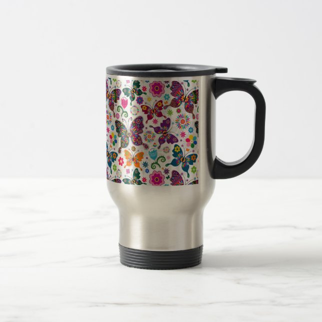 Farbiges Retro-Schmetterling-Muster und Blume Reisebecher (Rechts)