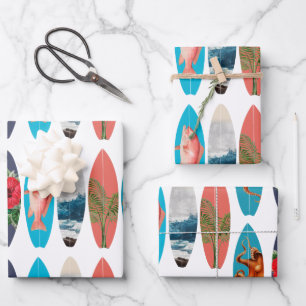 Farbiges Retro-Surfbrett-Muster Geschenkpapier Set