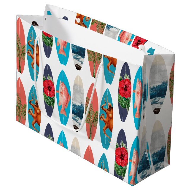 Farbiges Retro-Surfbrett-Muster Große Geschenktüte (Vorderseite Schrägansicht)