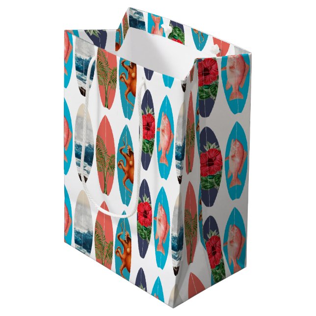 Farbiges Retro-Surfbrett-Muster Mittlere Geschenktüte (Vorderseite Schrägansicht)