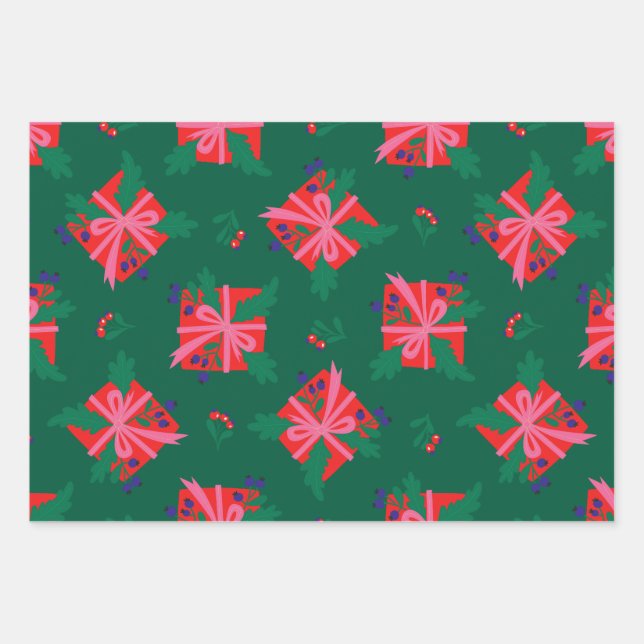 Farbiges Retro-Weihnachtswrapping-Papier Geschenkpapier Set (Vorderseite)