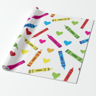 Farbiges Schulwachsmalstifte-Muster mit Herzen  Geschenkpapier