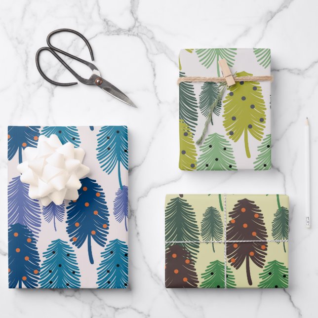 Farbiges Set der Weihnachtsbäume in Wasserfarbe Geschenkpapier Set (Vorderseite)