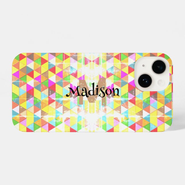 Farbiges Triangle-Retrogeometrie-Muster Monogram iPhone 14 Hülle (Rückseite (Horizontal))