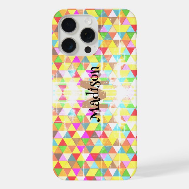 Farbiges Triangle-Retrogeometrie-Muster Monogram iPhone 15 Pro Max Hülle (Rückseite)