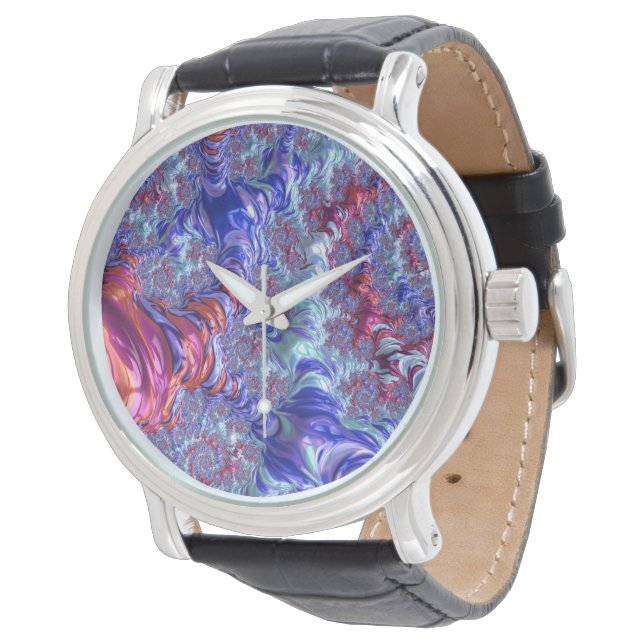 Farbiges Trippy Groovy Digitales Abstraktes Frakta Armbanduhr (Schrägansicht)