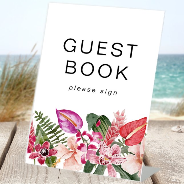 Farbiges tropisches Gästebuch Sockelschild (Colorful Tropical Floral Guest Book Pedestal Sign by Painted Paperie
)