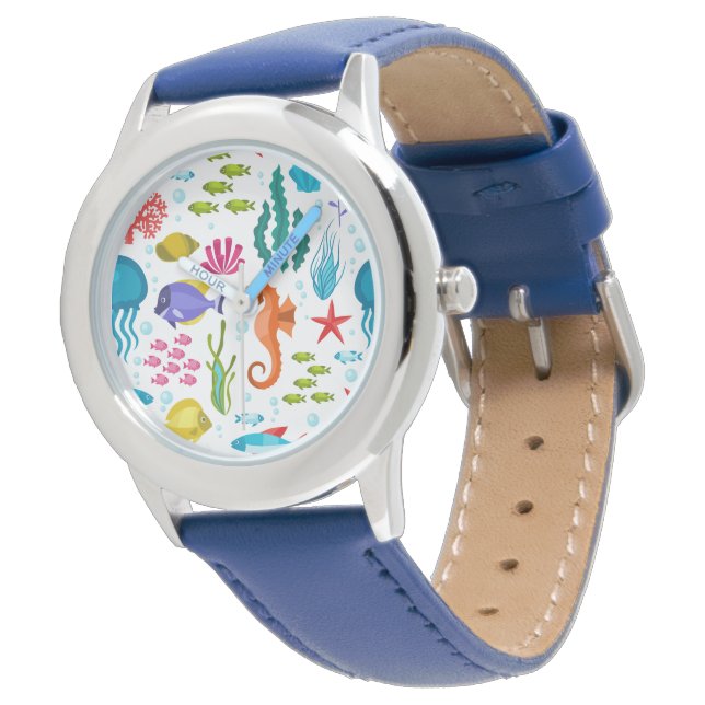 Farbiges tropisches Leben und Muster der Tiere Armbanduhr (Schrägansicht)