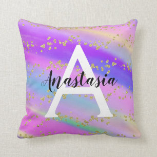 Farbiges Unicorn-Regenbogen-Gold-Glitzer Monogramm Kissen