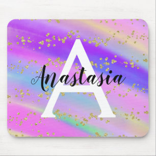 Farbiges Unicorn-Regenbogen-Gold-Glitzer Monogramm Mousepad