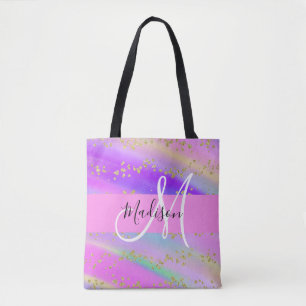 Farbiges Unicorn-Regenbogen-Gold-Glitzer Monogramm Tasche