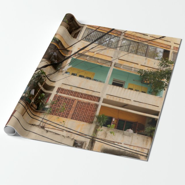 Farbiges Vintages Gebäude - Vietnamesisch,  Geschenkpapier (Ungerollt)