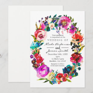 Farbintensive Wasserfarben Florale Kranz Hochzeit Einladung