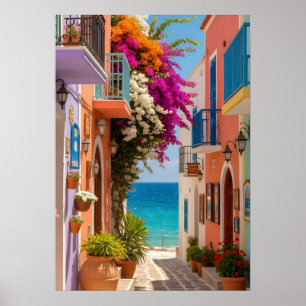 Farbintensives griechisches Küstenweiler-Bougainvi Poster