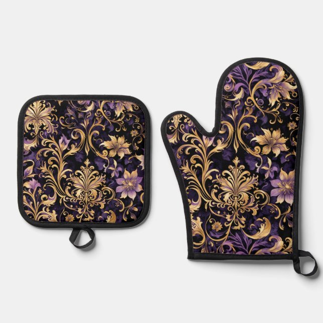 Farblich, extravagant, Lila und Gold Ofenhandschuh & Topflappen-Set (Vorderseite)