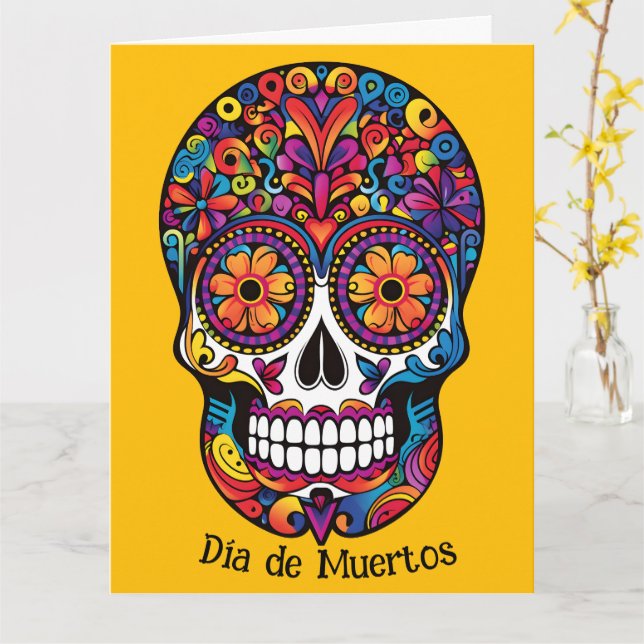 Farblich gefärbter Zuckerschädel Día de Muertos Karte (Gelbe Blume)