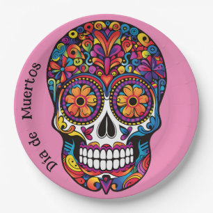 Farblich gefärbter Zuckerschädel Día de Muertos Pappteller
