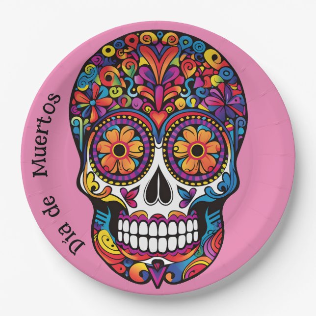 Farblich gefärbter Zuckerschädel Día de Muertos Pappteller (Vorderseite)