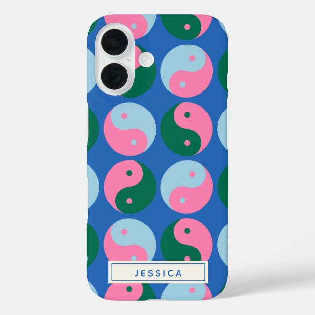Farblich Niedlich Retro Yin Yang Blue Personalisie iPhone 16 Hülle (Rückseite)