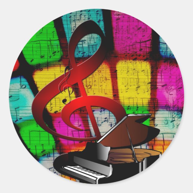 Farblich und jazzy Treble Clef und Piano Runder Aufkleber (Vorderseite)
