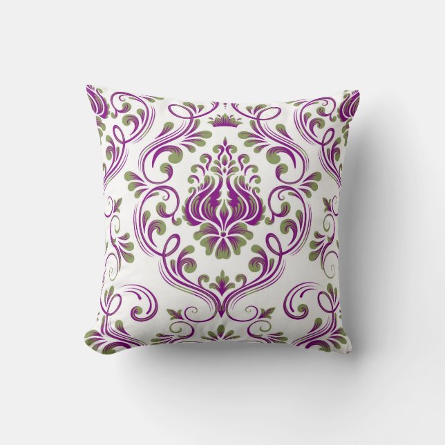 Farbmuster Grün und Lila Damask Floral Kissen (Vorderseite)