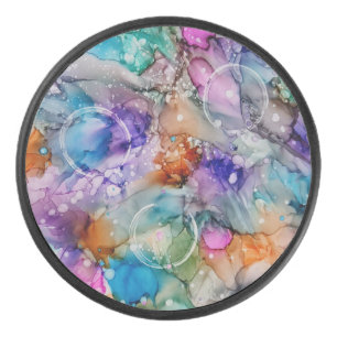 Farborange, lila, rosa, blaue abstrakte Kunst Eishockey Puck