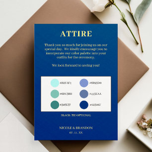 Farbpalette der blauen und gelben Hochzeitskleidun Begleitkarte