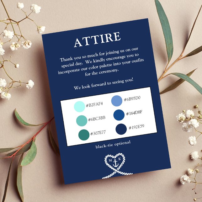 Farbpalette für die Hochzeitskleidung des blauen H Begleitkarte (Nautical Blue Heart Color Palette Wedding Attire Enclosure Card)