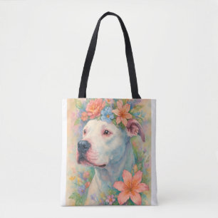 Farbporträt eines Pit Bulls mit Blumenmuster im Al Tasche