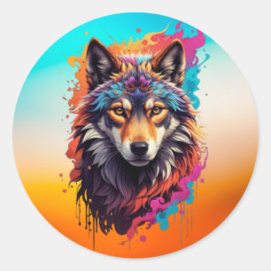 Farbporträt Wolf Abstract Animal Art-87694 Runder Aufkleber