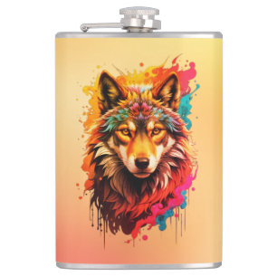 Farbporträt Wolf Abstractes Tier Kunst-87694 Flachmann