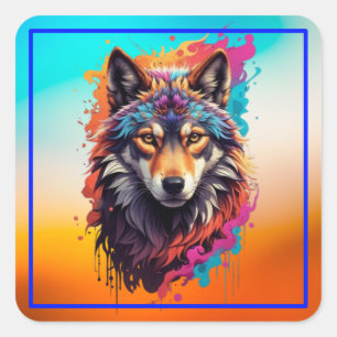 Farbporträt Wolf Abstractes Tier Kunst-87694 Quadratischer Aufkleber