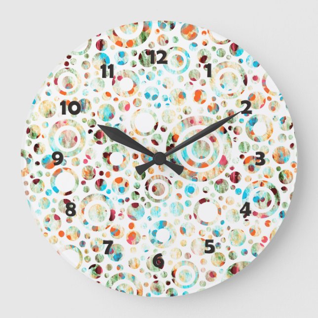 Farbpunkte & Kreismuster + Ihr Text & Hintergrund. Große Wanduhr (Vorderseite)