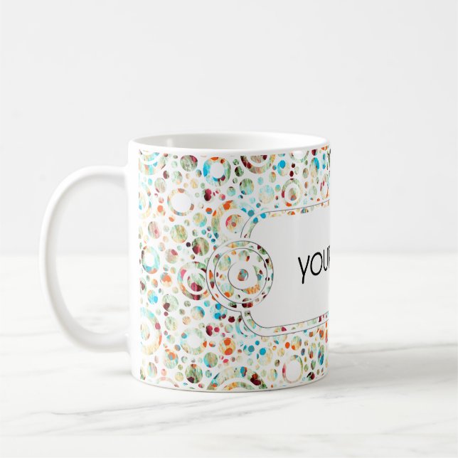 Farbpunkte & Kreismuster + Ihr Text & Hintergrund. Kaffeetasse (Links)