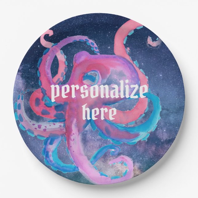 Farbraum Oktopus rosa Sternenpapier Pappteller (Vorderseite)