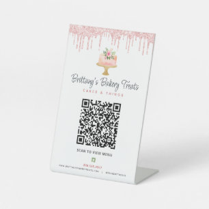 Farbrosa Bäckerei QR Code Scan Menü Glitzer Kuchen Sockelschild