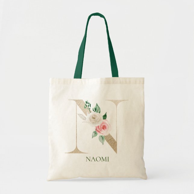 Farbrosa Blumenbuchstabe N Monogramm Totbeutel Tragetasche (Vorne)