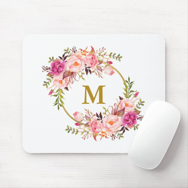 Farbrosa Blumenreath Goldmonogramm Mousepad (Mit Mouse)