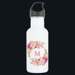 Farbrosa Floral Monogramm Edelstahlflasche<br><div class="desc">Elegante Aquarellfarbe Rosa Flora Monogramm Wasser Flasche</div>