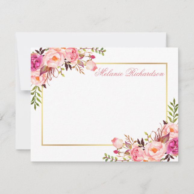 Farbrosa Personalisierter, floraler Goldrahmen Mitteilungskarte (Vorderseite)